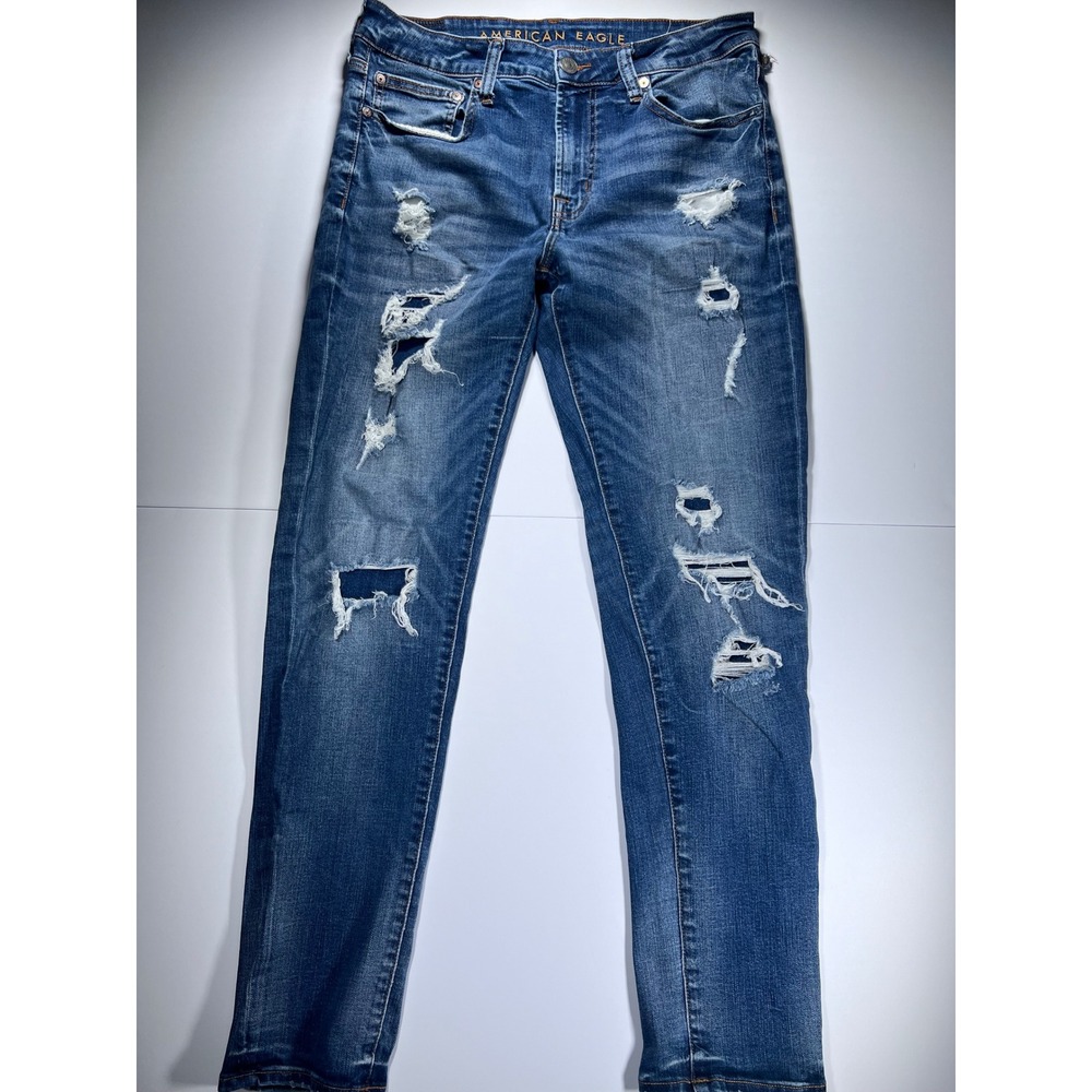 American Eagle Jeans Mens 34x32 Blue Slim Distressed Ripped Stretch Denim
